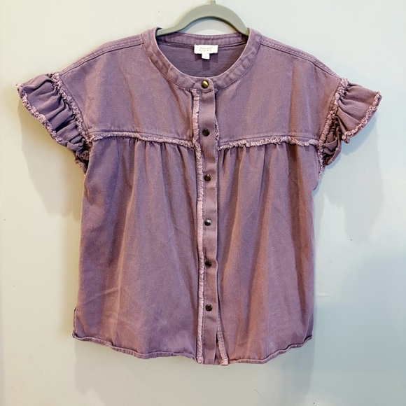 Purple Denim Button-Up Ruffle Sleeve Boutique Top - Picture 1 of 1